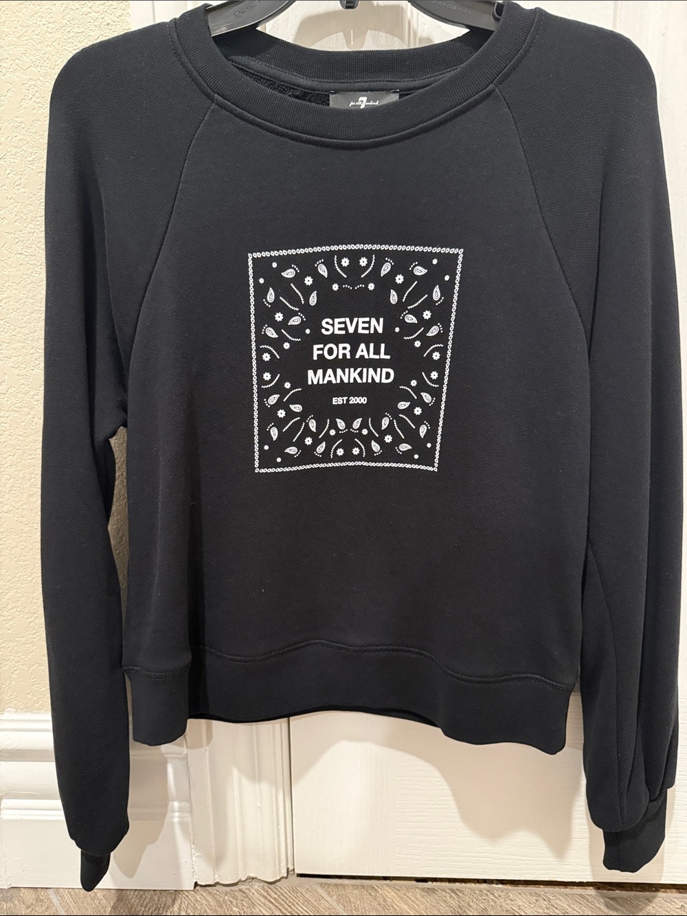 7 For All Mankind Black Crewneck Sweatshirt with White Logo Graphic